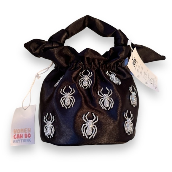 Crystal Embellished Black Satin Rhinestone Spider Bucket Crossbody Bag purse NEW - Picture 1 of 2